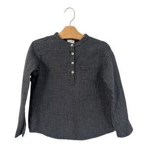 Buho Boys Shirt Mock Collar Size 8 Cotton Mini Check Black Grey Long Sleeve